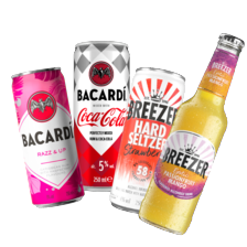 Breezer of Bacardi 
razz & up, limon &
lemonade of rum & cola